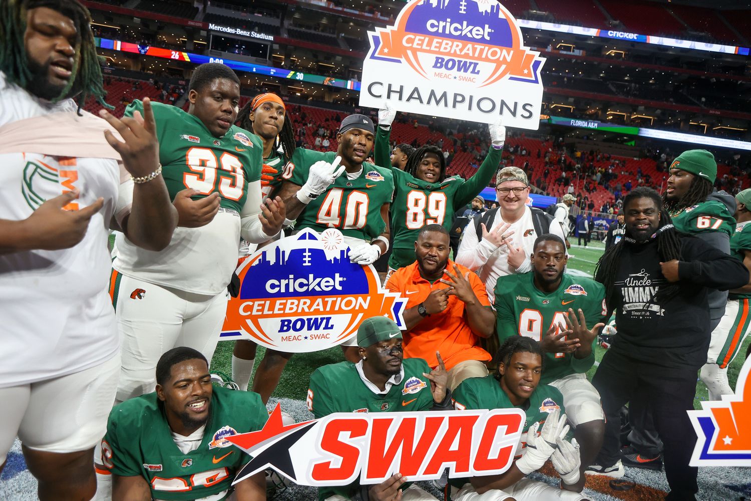 Dec 16, 2023; Atlanta, GA, USA; Florida A&M Rattlers players celebrate after a victory against the Howard Bison in the Celebration Bowl at Mercedes-Benz Stadium.